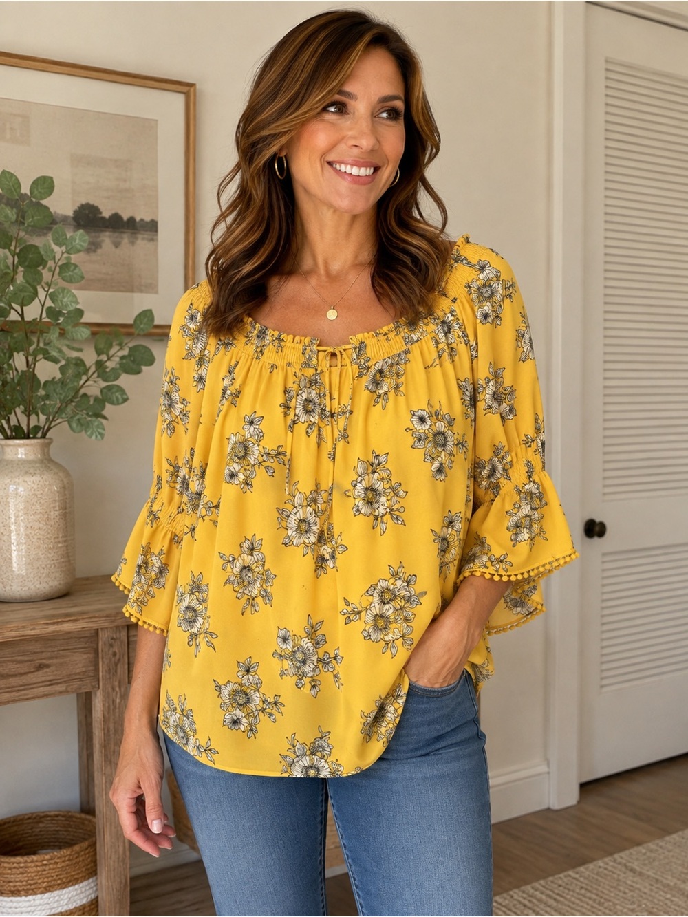 Yellow Floral Peasant Top Women Boho Cottagecore Office chic Romantic date night